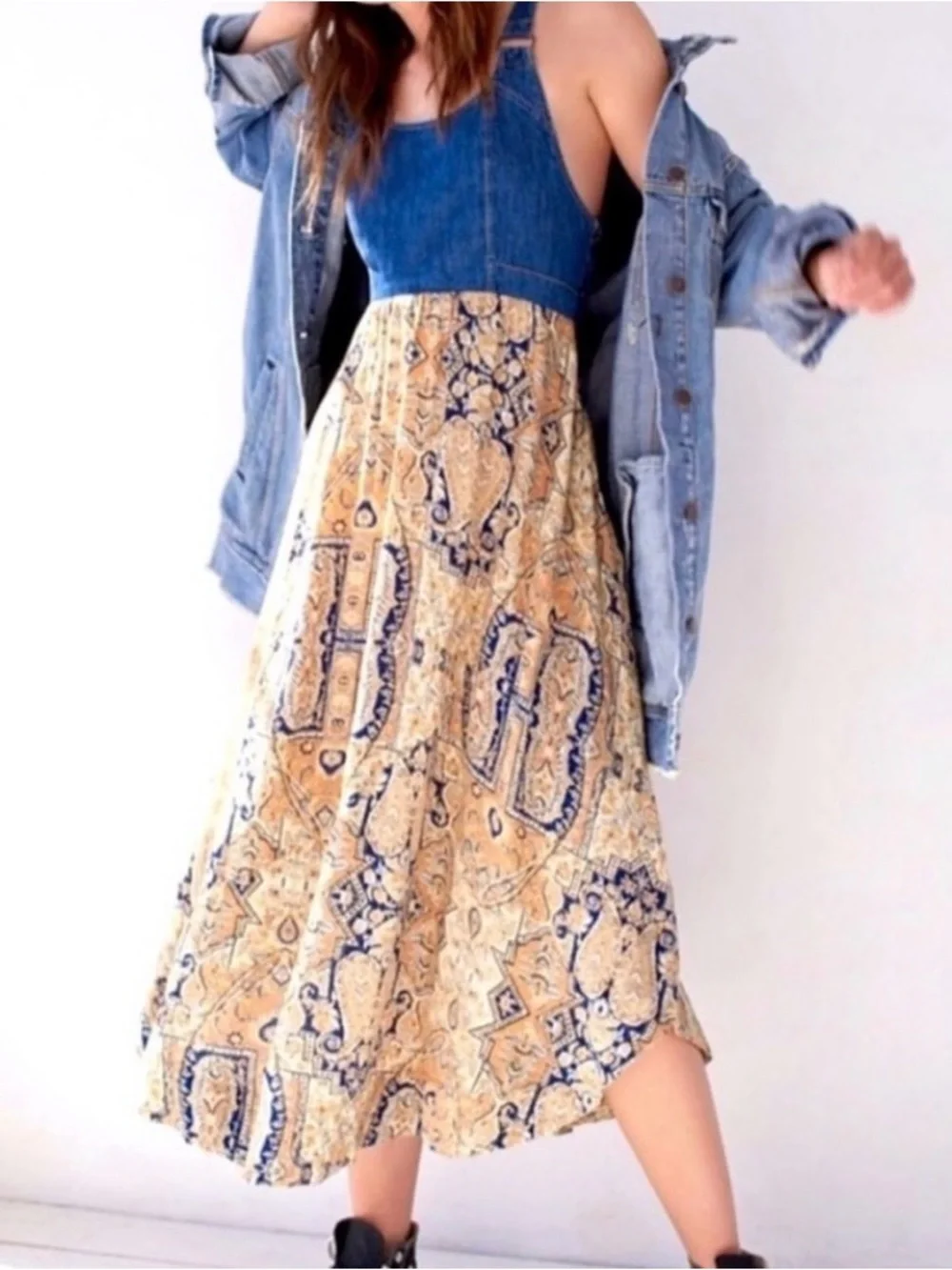 Free People Denim-Style Midi Dress with Navy Blue and Gold Accents
